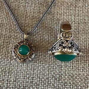 Konstantino Sterling Silver, 18K Gold & Natural Green Onyx Necklace and Ring Set